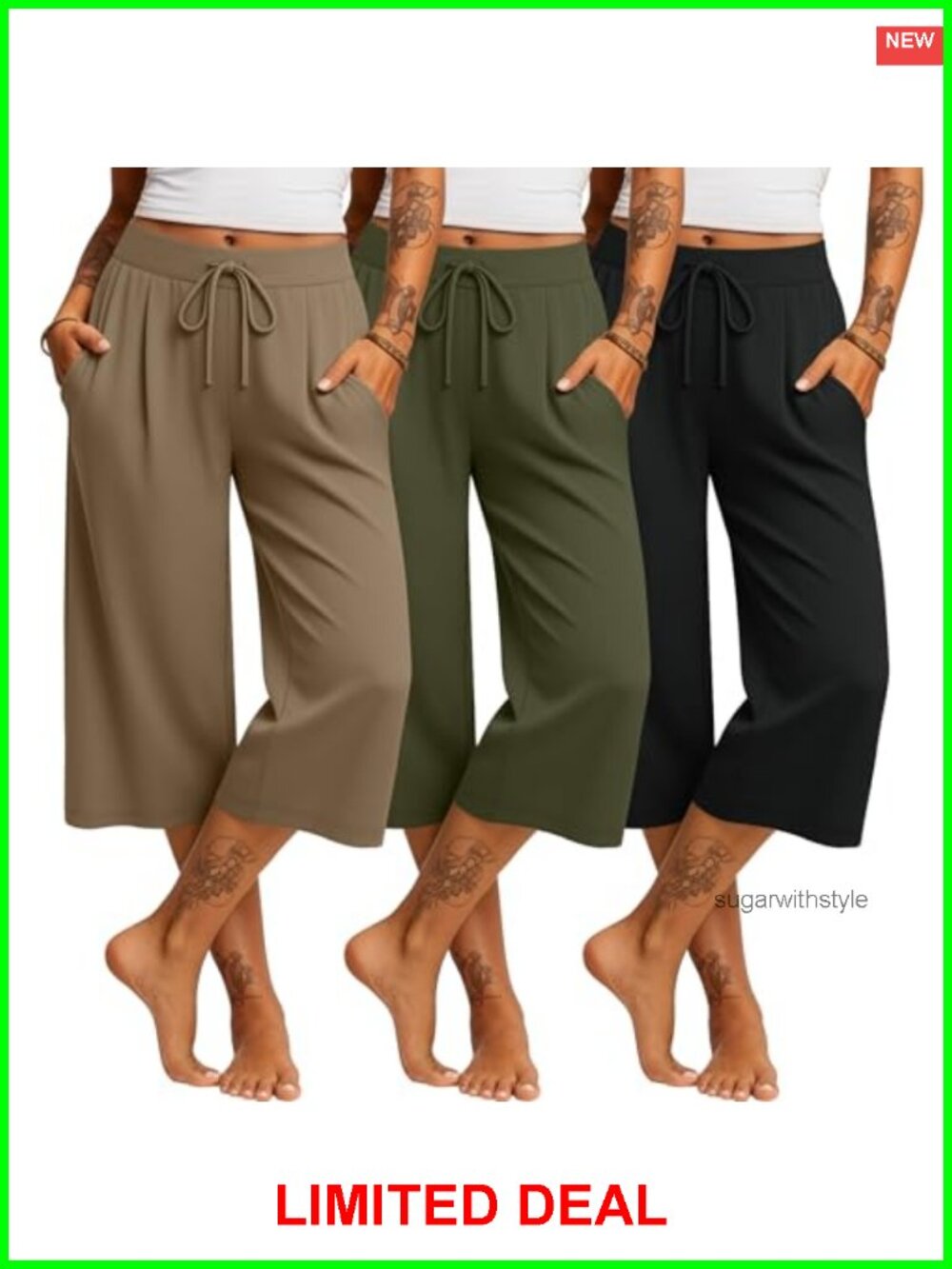 Women's Capri Pants Wide Leg Drawstring Yoga Lounge 3 Pack